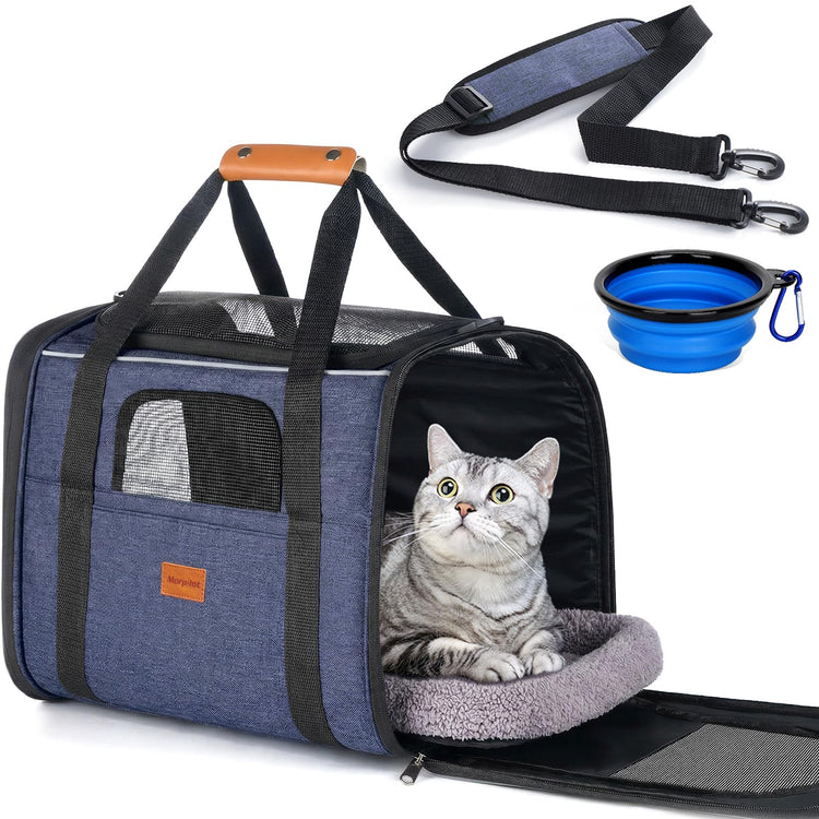 Morpilot Pet Carrier for Large Cats, Puppies & Small Dogs Up to 25lbs, Escape-Proof with Locking Zippers, Dual-Sided Cushion, Safety Buckle for Car & Vet Travel, Includes Foldable Bowl (Dark Gray)