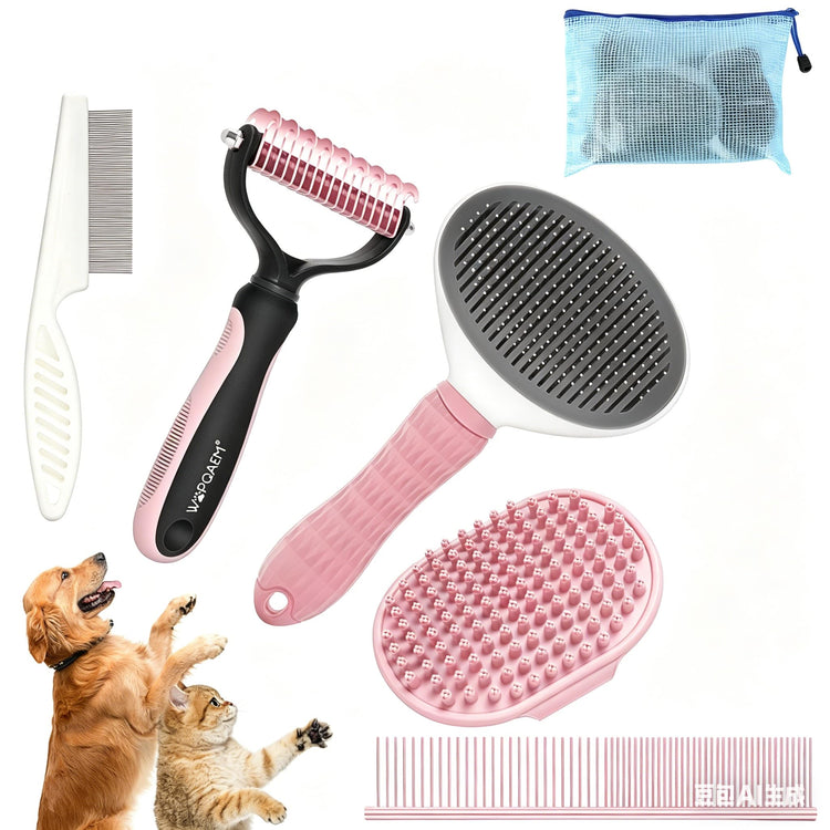 5-Piece Pet Grooming Kit for Dogs & Cats - Professional Deshedding, Detangling & Bathing Set for Long, Curly & Thick Coats - Blue