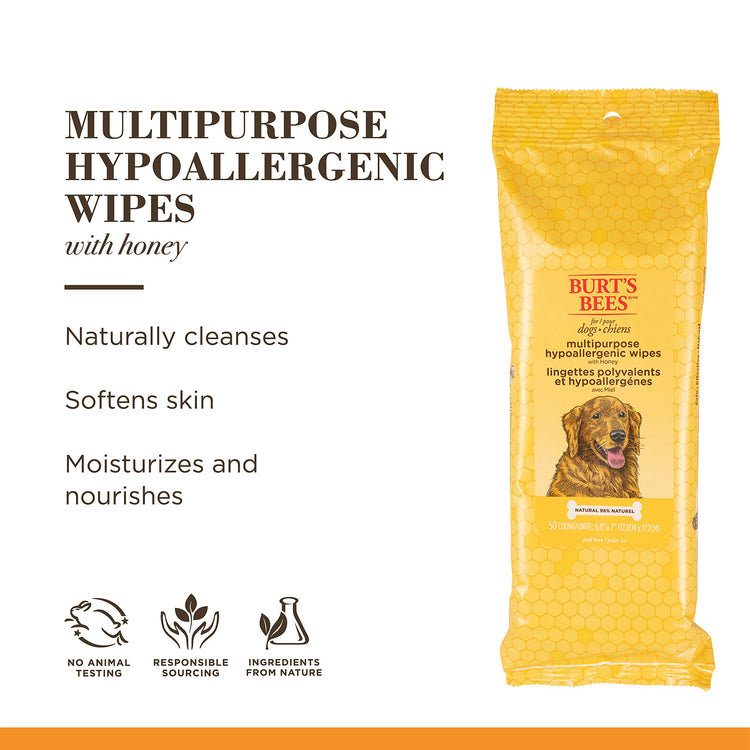 Burt's Bees for Pets Honey Multipurpose Dog Grooming Wipes, Gentle Hypoallergenic Spot Cleaning Sheets, pH Balanced Natural Origin Formula for Paws, Face and Butt, 50 Count