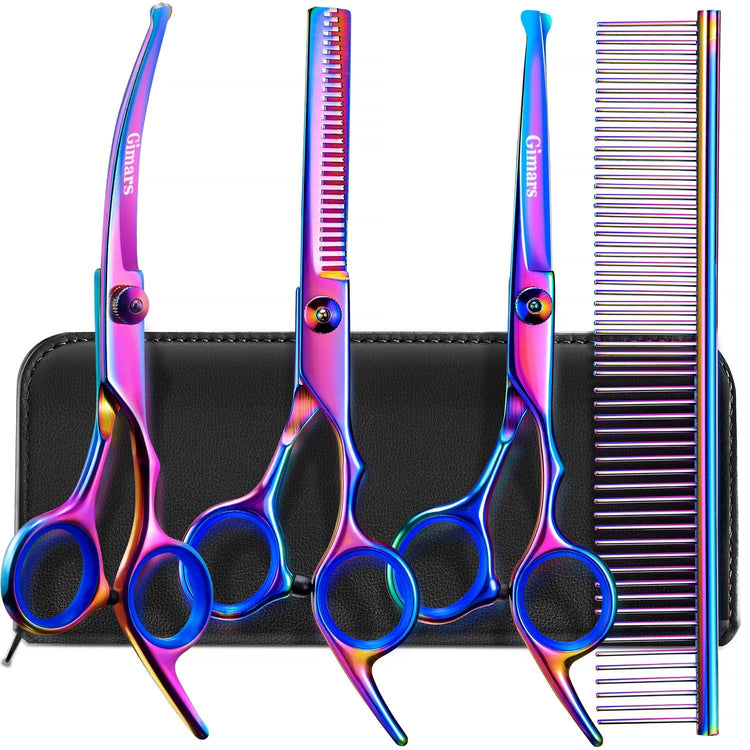 Gimars Titanium Coated Professional 6 in 1 4CR Stainless Steel Dog Grooming Scissors with Safety Round Tip, Heavy Duty Pet Grooming Scissor for Dogs, Cats and Other Animals