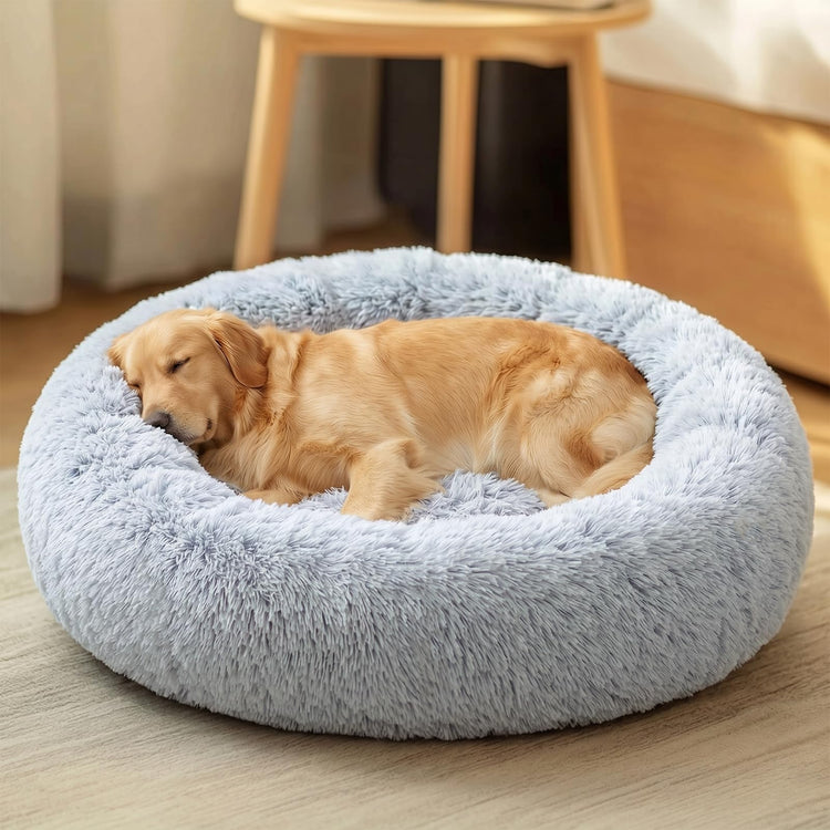 JOLLYVOGUE Small Dog Bed, Calming Dog Beds for Small Dogs & Indoor Cats - 20 Inches Donut Washable Cat Bed for Kittens & Puppies, Round Fluffy Plush Faux Fur Pet Beds(Smoke Grey)