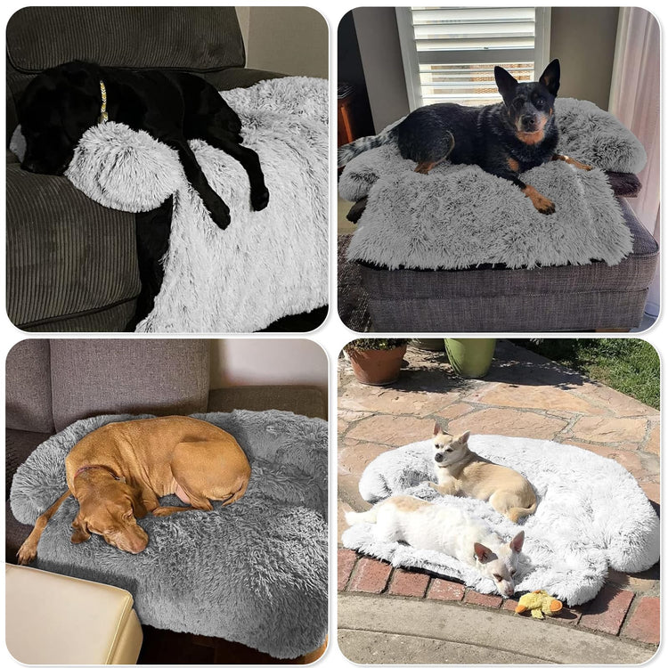 Calming Dog Bed Fluffy Plush Dog Mat for Furniture Protector with Removable Washable Cover for Large Medium Small Dogs and Cats (Small(35x31x5), Light Grey)