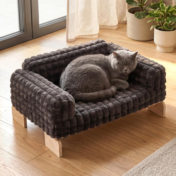 Veehoo Elevated Cat Bed Indoor, Wood Furniture Style Cat Couch Sofa with Removable Washable Cover, Cute & Fluffy Small Cats Bed Furniture for Home