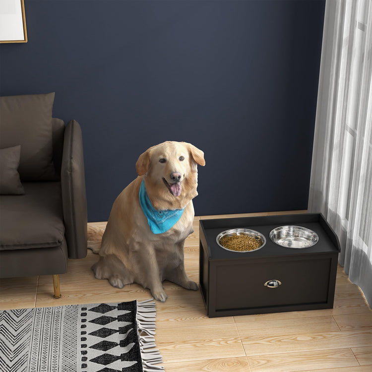 PawHut Dog Feeding Station with Storage Drawer, Dog Food Storage Cabinet with 2 Removable Elevated Pet Bowls for Large Sized Dogs, Coffee