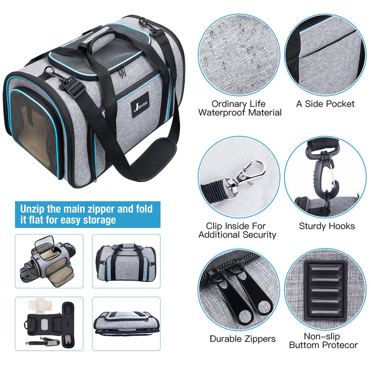 Siivton Pet Carrier Airline Approved, 4 Sides Expandable Cat Carrier Bag with Removable Fleece Pad, Large Soft Sided Pet Travel Carrier, Dog Carrier for Cats, Puppy and Small Dogs