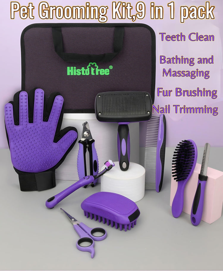 Pet Grooming Tools Kit-9 Packs Dog Cat Grooming Kit Dog Cat Grooming Supplies Dog Cat Brush Set Dog Nail Clippers and Cat Trimming Tools for Short and Long Hair Dog Cat Grooming (Purple)