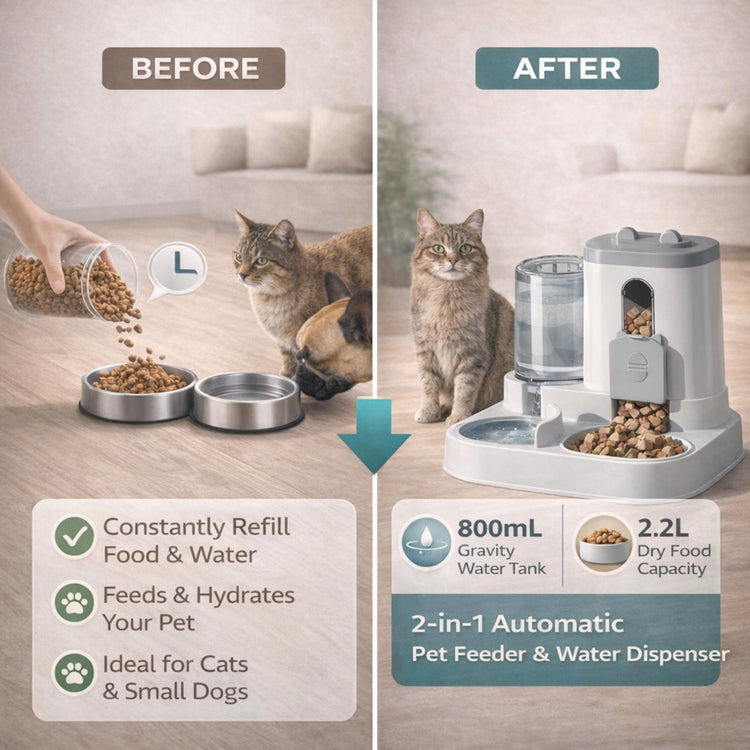 Automatic Dog Cat Feeder – 2-in-1 Cat Food and Water Bowl Set & Dog Food and Water Bowl Set, 800ml + 2.2L Gray