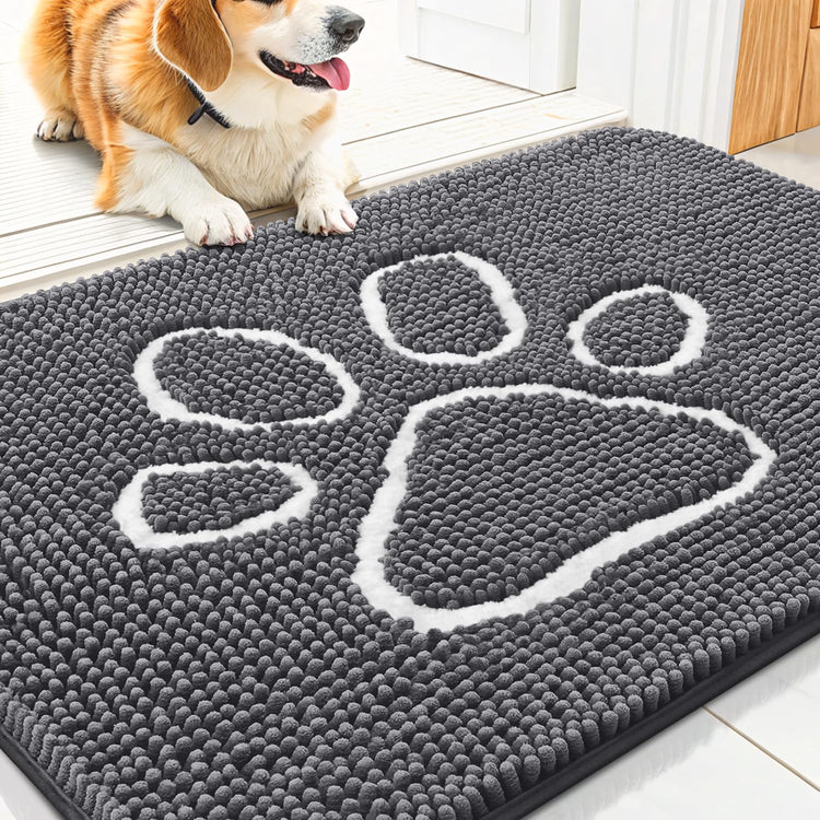 Smiry Dog Door Mat for Muddy Paws, Absorbent Dirt Trapper Non Slip Quick Dry Washable Chenille Mat for Mud Dogs, Entry Rug for Indoor and Outdoor (30x20 Inches, Grey and Black)