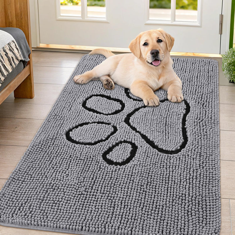 Smiry Dog Door Mat for Muddy Paws, Absorbent Dirt Trapper Non Slip Quick Dry Washable Chenille Mat for Mud Dogs, Entry Rug for Indoor and Outdoor (30x20 Inches, Grey and Black)
