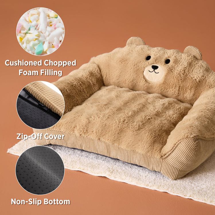 LE SURE Cute Dog Couch Bed, Small Dog Couch with Fluffy Original Bear Design, Cat Couch Bed with Removable Washable Cover, Puppy Bed for Small Pets, 28 inch, Brown