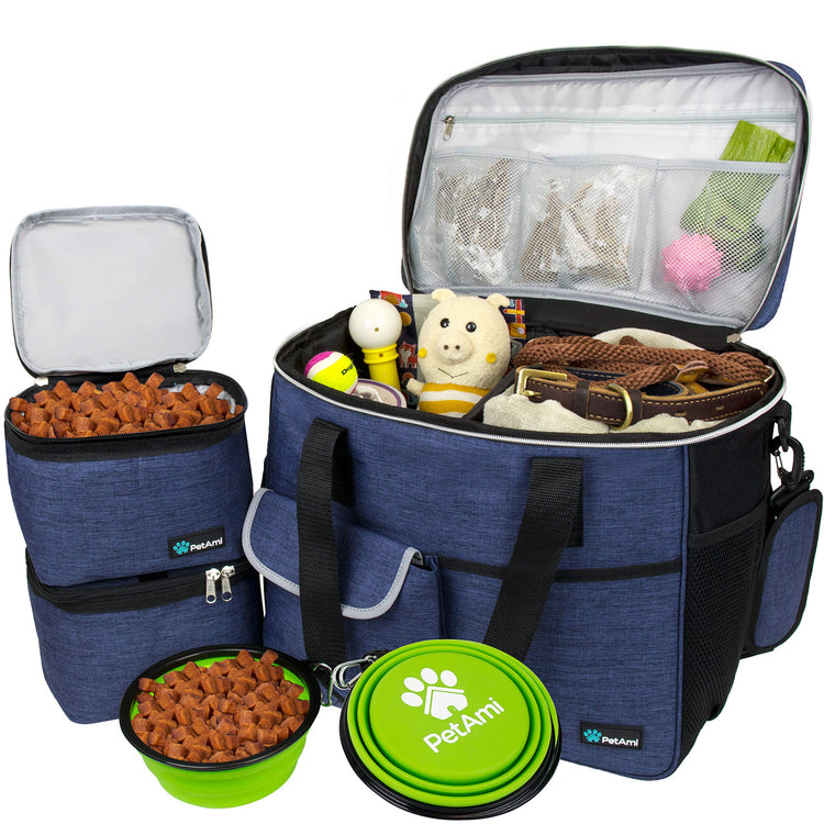 PetAmi Dog Travel Bag Organizer, Pet Travel Kit with 2 Food Containers & 2 Collapsible Dog Bowls, Pet Supplies Tote with Luggage Sleeve, Weekend Road Trip Camping Essentials, Dark Gray, Medium