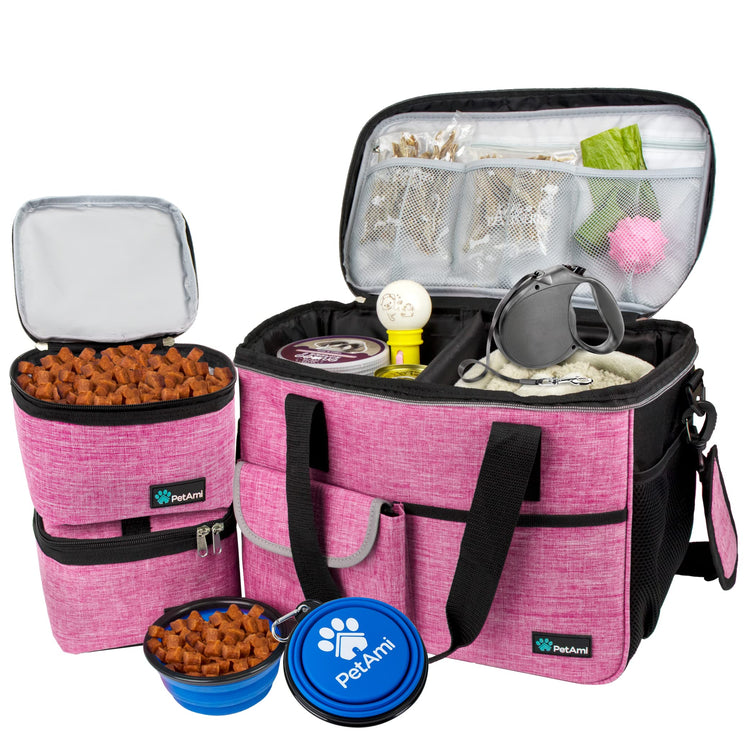 PetAmi Dog Travel Bag Organizer, Pet Travel Kit with 2 Food Containers & 2 Collapsible Dog Bowls, Pet Supplies Tote with Luggage Sleeve, Weekend Road Trip Camping Essentials, Dark Gray, Medium