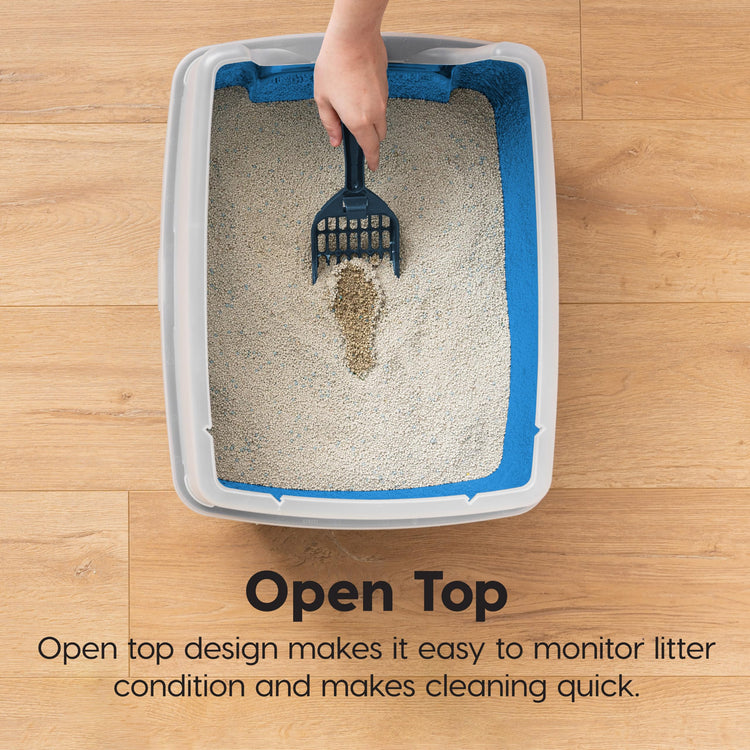 IRIS USA Cat Litter Box Large Open Top with High Sided Walls Tall Scatter Shield Scoop Included Easy Clean Plastic Pan Stain Resistant for Big Cats Kittens Indoor Multi-Cat Households
