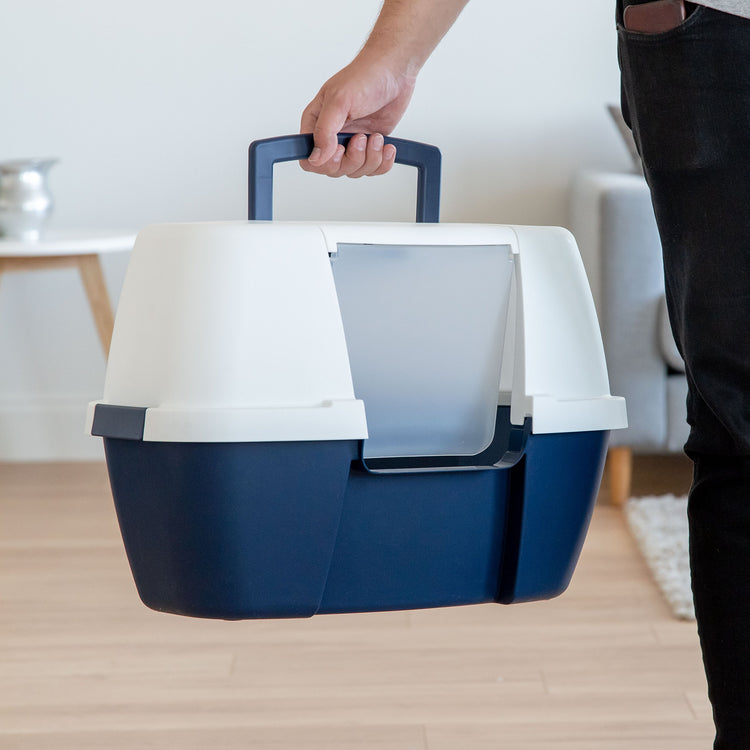 IRIS USA Cat Litter Box Large with Front Door Flap, Covered Enclosed Litter Box Enclosure with Scoop, Handle & Buckles for Portability & Privacy, Hidden Litter Pan, Navy