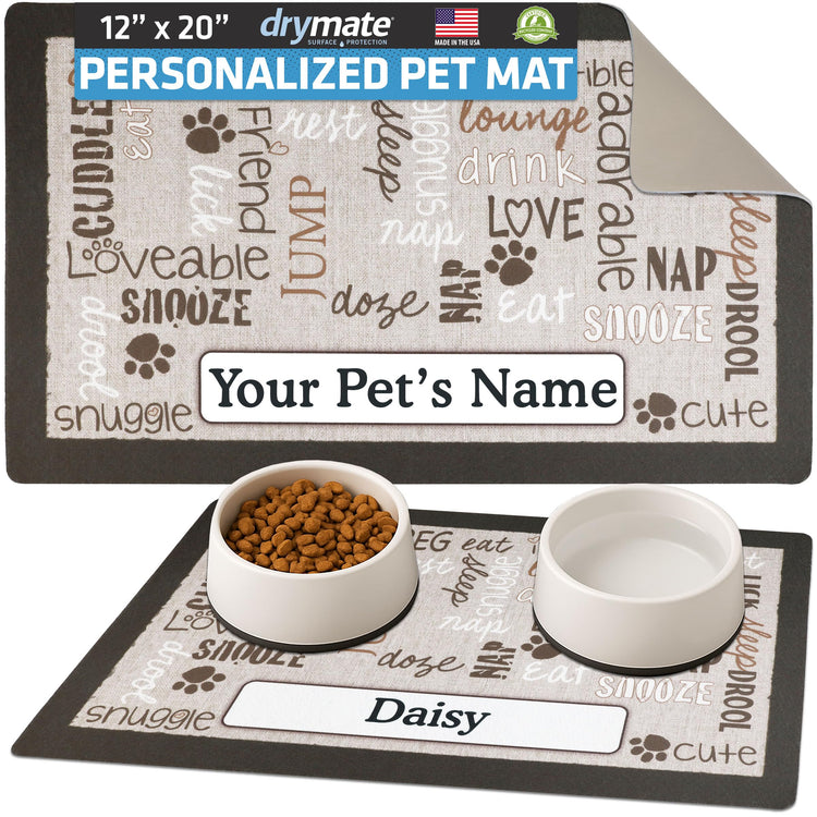 Drymate Personalized Pet Bowl Placemat, Custom Dog & Cat Food Feeding Mat - Absorbent Fabric, Waterproof Backing - Machine Washable/Durable (USA Made) (12" x 20") (Zebra Pink)