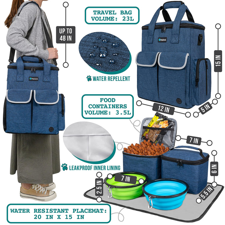 PetAmi Dog Travel Bag Pet Supplies Accessories Organizer for Traveling, Camping, Weekend; Cat Pet Travel Bag Kit Includes 2 Food Storage Containers, 2 Collapsible Bowls, 1 Feeding Mat (Purple)