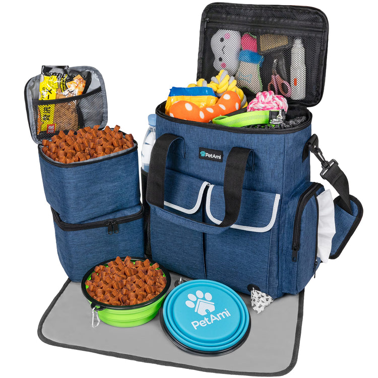 PetAmi Dog Travel Bag Pet Supplies Accessories Organizer for Traveling, Camping, Weekend; Cat Pet Travel Bag Kit Includes 2 Food Storage Containers, 2 Collapsible Bowls, 1 Feeding Mat (Purple)