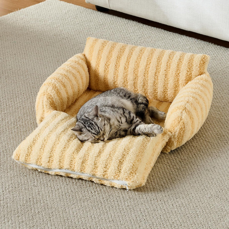Hollypet Cat Bed Fluffy Plush Multifunctional Double-Layer Machine Washable Soft Warming Kitty Pet Couch Orthopedic Nest Beds for Small Cats Kitten and Dogs up to 13lbs, Khaki(25x20x13 inch)