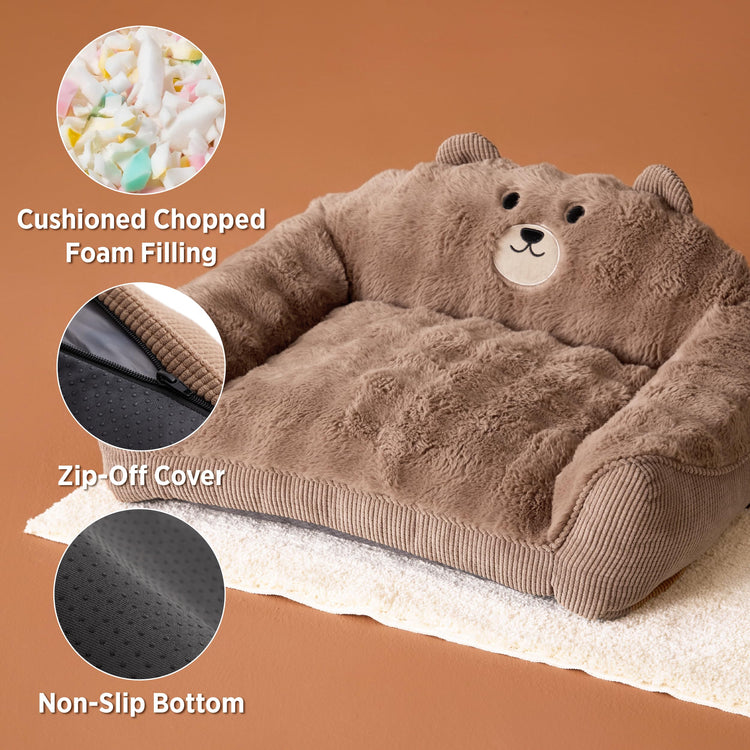 LE SURE Cute Dog Couch Bed, Small Dog Couch with Fluffy Original Bear Design, Cat Couch Bed with Removable Washable Cover, Puppy Bed for Small Pets, 28 inch, Brown