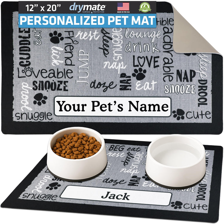 Drymate Personalized Pet Bowl Placemat, Custom Dog & Cat Food Feeding Mat - Absorbent Fabric, Waterproof Backing - Machine Washable/Durable (USA Made) (12" x 20") (Zebra Pink)