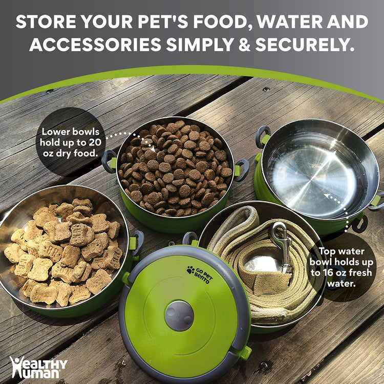 Healthy Human Travel Pet Bento Bowls - Human-Grade Stainless Steel & BPA-Free, Leak-Proof Water & Food Container Set for Dogs & Cats, 4-Pack Interlocking Bowls, Includes Spare Clips & Handle (Pink)