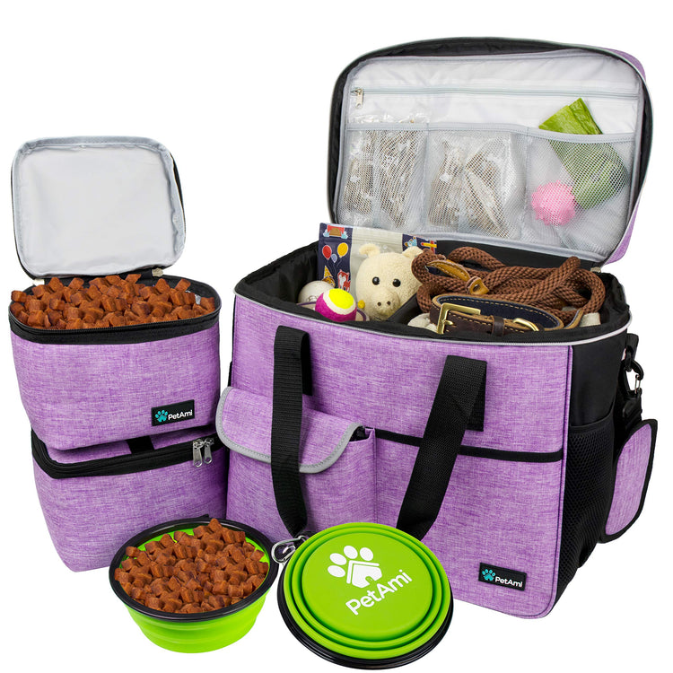 PetAmi Dog Travel Bag Organizer, Pet Travel Kit with 2 Food Containers & 2 Collapsible Dog Bowls, Pet Supplies Tote with Luggage Sleeve, Weekend Road Trip Camping Essentials, Dark Gray, Medium