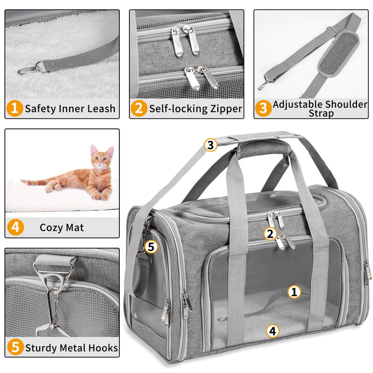 Soft-Sided Cat/Dog/Pet Carrier, Collapsible Pets Travel Carriers for Big Cats/Small Dogs with Shoulder Strap & Removable Mat, Mesh Puppy Carry Bag, Up to 16 Lbs, TSA Airline Approved(Black)