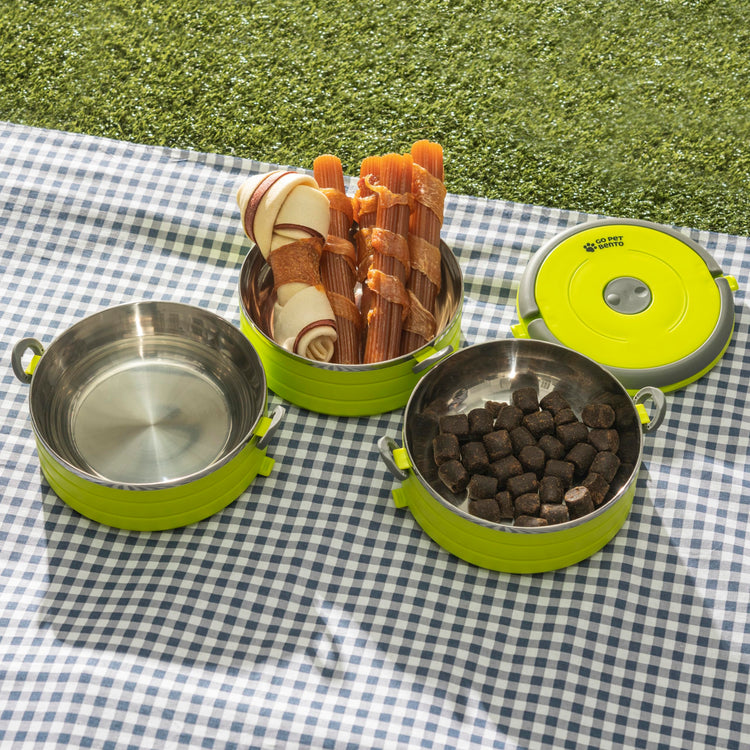 Healthy Human Travel Pet Bento Bowls - Human-Grade Stainless Steel & BPA-Free, Leak-Proof Water & Food Container Set for Dogs & Cats, 4-Pack Interlocking Bowls, Includes Spare Clips & Handle (Pink)