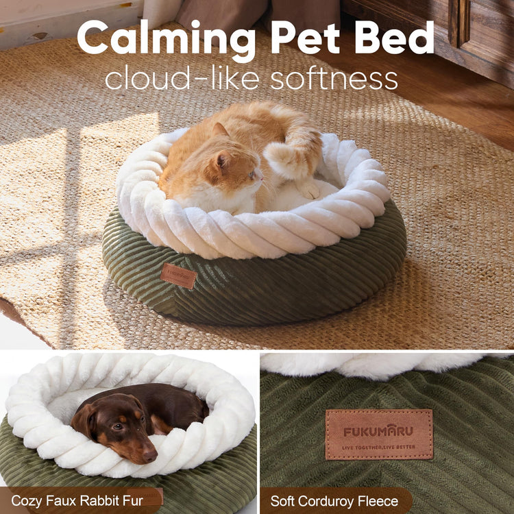 FUKUMARU Cat Bed, Calming Donut Dog Beds, Plush Faux Fur&Corduroy Kitten Beds, Cute Round Washable Pet Bed for Large Cats and Puppy, Cat Cave with Anti-Slip Bottom, 21inch, Camel