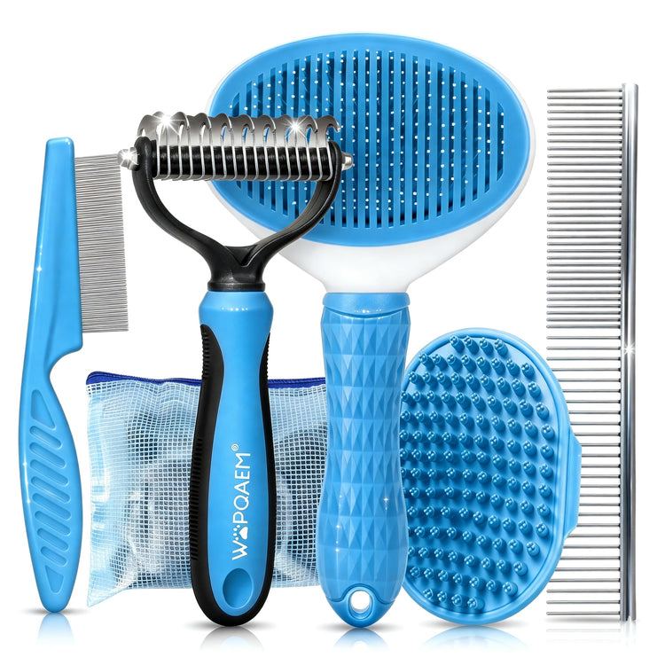 5-Piece Pet Grooming Kit for Dogs & Cats - Professional Deshedding, Detangling & Bathing Set for Long, Curly & Thick Coats - Blue