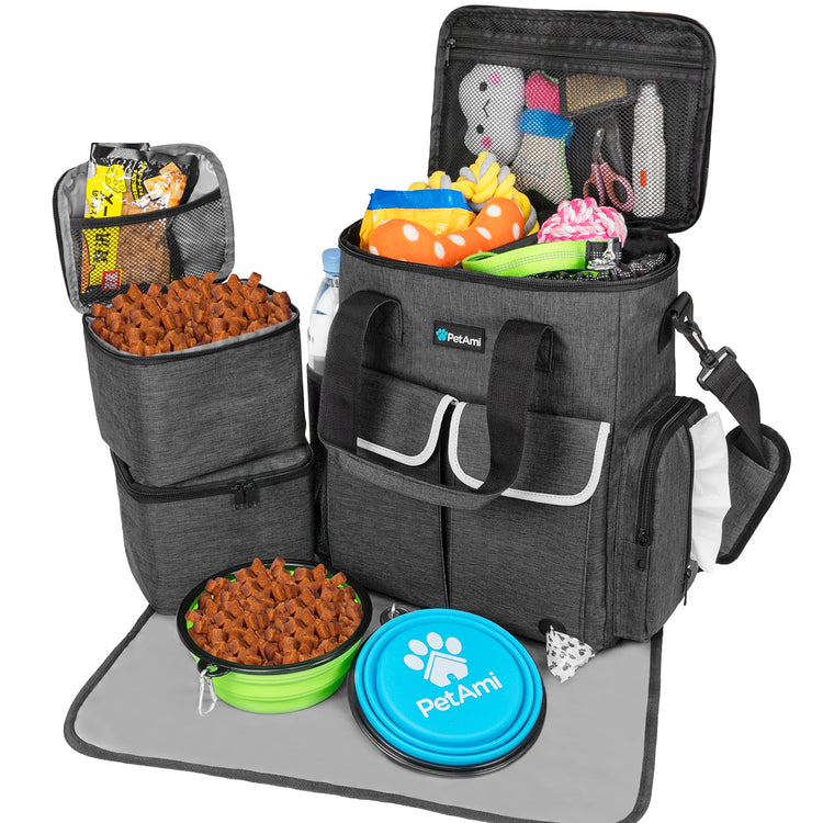 PetAmi Dog Travel Bag Pet Supplies Accessories Organizer for Traveling, Camping, Weekend; Cat Pet Travel Bag Kit Includes 2 Food Storage Containers, 2 Collapsible Bowls, 1 Feeding Mat (Purple)