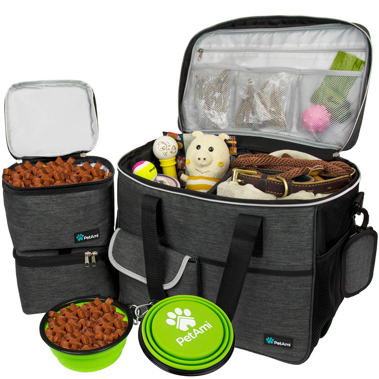 PetAmi Dog Travel Bag Organizer, Pet Travel Kit with 2 Food Containers & 2 Collapsible Dog Bowls, Pet Supplies Tote with Luggage Sleeve, Weekend Road Trip Camping Essentials, Dark Gray, Medium