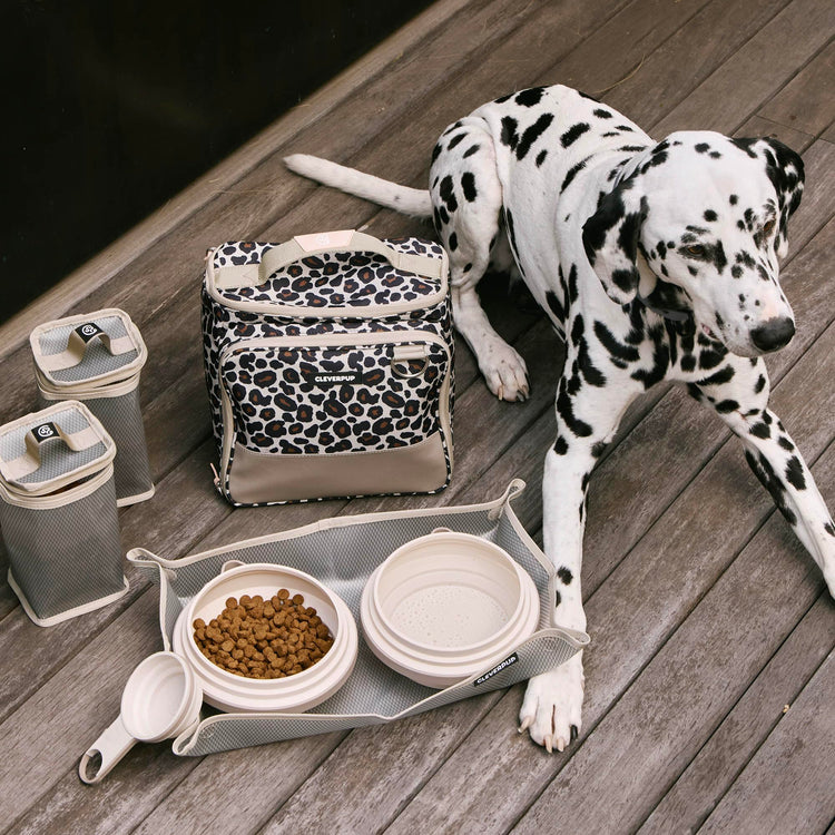 Cleverpup, Large 7-Piece Bistro Box Dog Food Travel Kit, 12-Cup Kibble Storage, 2 Silicone Bowls, Mat & Scoop - Premium Portable Pet Food Kit for Weekends, Overnights, Daycare & Camping, Checkerboard