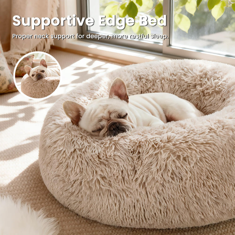 Love's cabin Calming Dog & Cat Bed, Cat Bed for Indoor Cats, Anti-Anxiety Donut Round Bed, Fluffy Warming Pet Bed for Small Medium Dogs and Cats, Beige Taupe 20"/24"