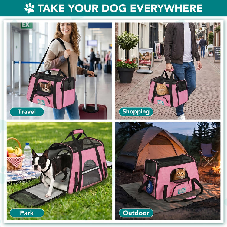 PetAmi Airline Approved Pet Carrier for Cats & Small Dogs, Soft Sided TSA Travel Carrier Bag with Sherpa Bed, Breathable Mesh Ventilation, Collapsible Bowl, Fits Under Seat, Up to 18 lbs, Small Pink