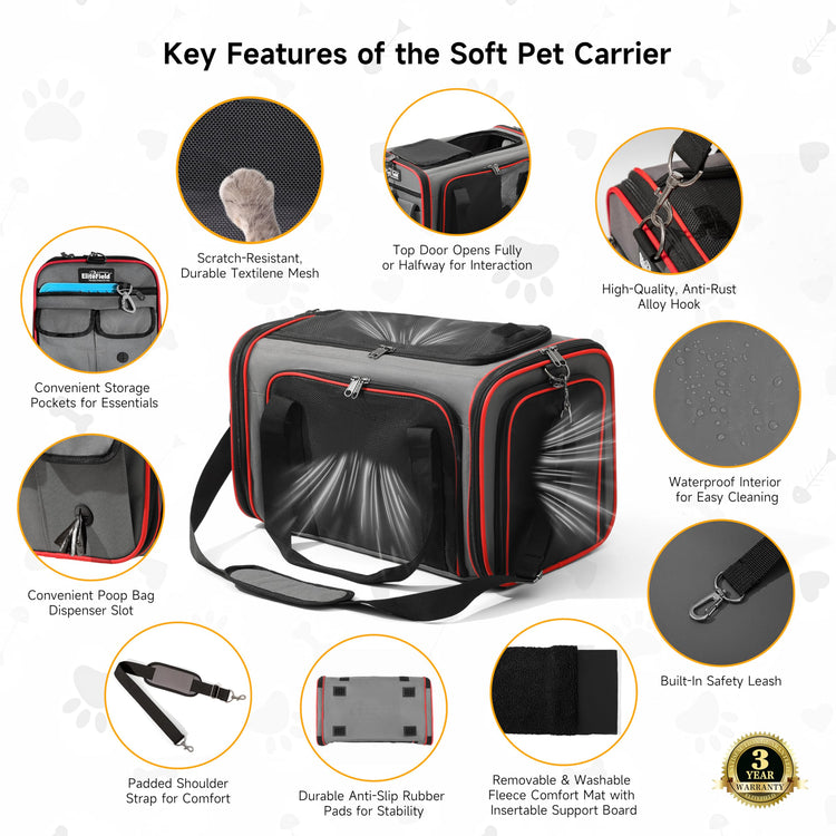 EliteField Soft-Sided Pet Carrier (3-Year Warranty, Airline Approved), Foldable Travel Bag with Removable Fleece Bed for Dogs, Cats & Small Pets, Scratch-Resistant Mesh