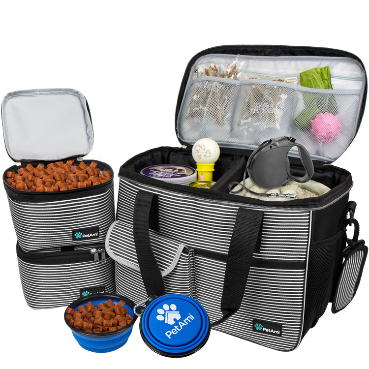 PetAmi Dog Travel Bag Organizer, Pet Travel Kit with 2 Food Containers & 2 Collapsible Dog Bowls, Pet Supplies Tote with Luggage Sleeve, Weekend Road Trip Camping Essentials, Dark Gray, Medium