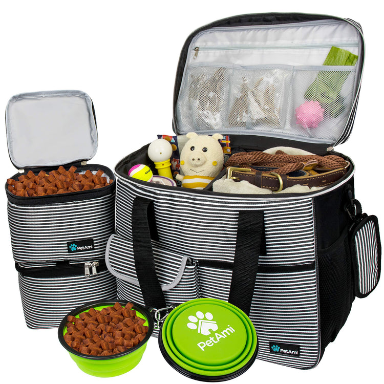 PetAmi Dog Travel Bag Organizer, Pet Travel Kit with 2 Food Containers & 2 Collapsible Dog Bowls, Pet Supplies Tote with Luggage Sleeve, Weekend Road Trip Camping Essentials, Dark Gray, Medium
