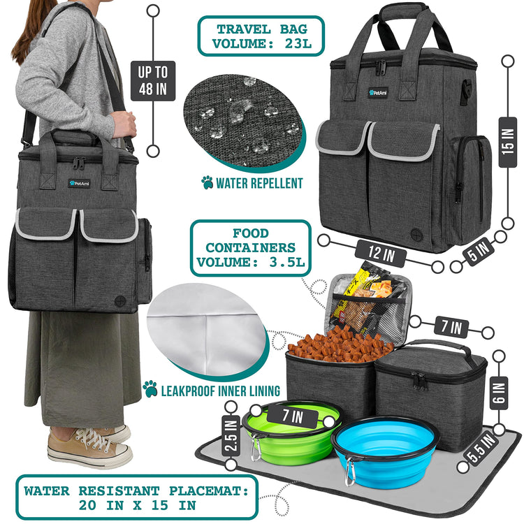 PetAmi Dog Travel Bag Pet Supplies Accessories Organizer for Traveling, Camping, Weekend; Cat Pet Travel Bag Kit Includes 2 Food Storage Containers, 2 Collapsible Bowls, 1 Feeding Mat (Purple)