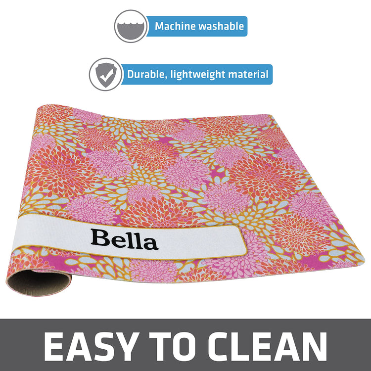 Drymate Personalized Pet Bowl Placemat, Custom Dog & Cat Food Feeding Mat - Absorbent Fabric, Waterproof Backing - Machine Washable/Durable (USA Made) (12" x 20") (Zebra Pink)