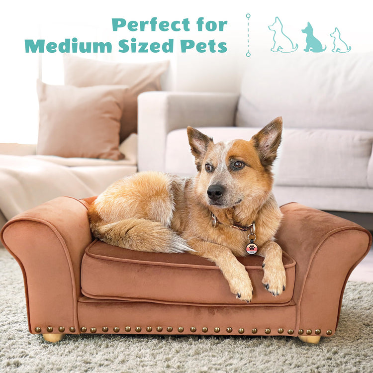 CRITTER SITTERS 33” Faux Suede Ped Bed in Brown, Durable Washable Sofa Couch for Small & Medium Cats & Dogs, Must Have Accessory for Yorkies, Shih Tzus & Frenchies, Kitten & Puppy Essential Furniture