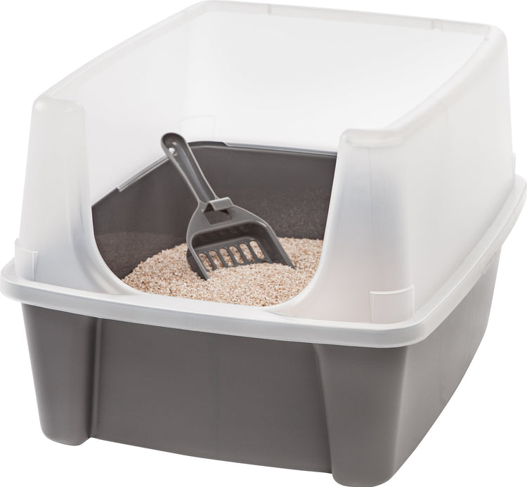 IRIS USA Cat Litter Box Large Open Top with High Sided Walls Tall Scatter Shield Scoop Included Easy Clean Plastic Pan Stain Resistant for Big Cats Kittens Indoor Multi-Cat Households
