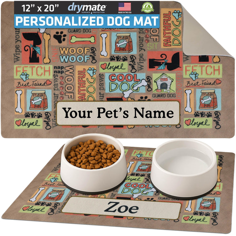 Drymate Personalized Pet Bowl Placemat, Custom Dog & Cat Food Feeding Mat - Absorbent Fabric, Waterproof Backing - Machine Washable/Durable (USA Made) (12" x 20") (Zebra Pink)