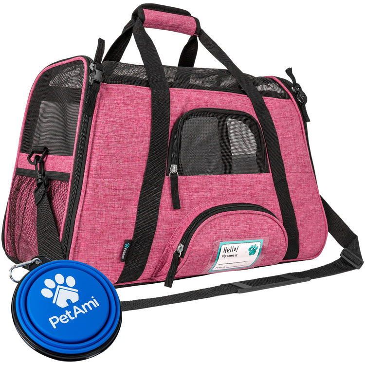 PetAmi Airline Approved Pet Carrier for Cats & Small Dogs, Soft Sided TSA Travel Carrier Bag with Sherpa Bed, Breathable Mesh Ventilation, Collapsible Bowl, Fits Under Seat, Up to 18 lbs, Small Pink
