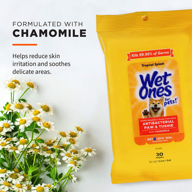 Wet Ones for Pets Paw and Tushie Dog Wipes with Chamomile, Tropical Splash Scent - Cleansing Grooming Wipes for Dog Paws and Butt Between Baths, Wet Lock Seal, 30 Count