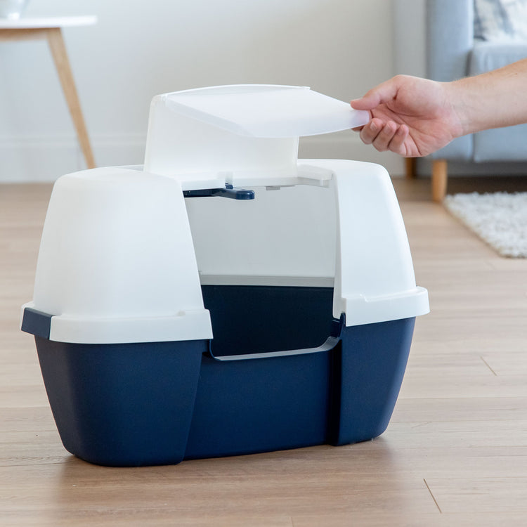 IRIS USA Cat Litter Box Large with Front Door Flap, Covered Enclosed Litter Box Enclosure with Scoop, Handle & Buckles for Portability & Privacy, Hidden Litter Pan, Navy