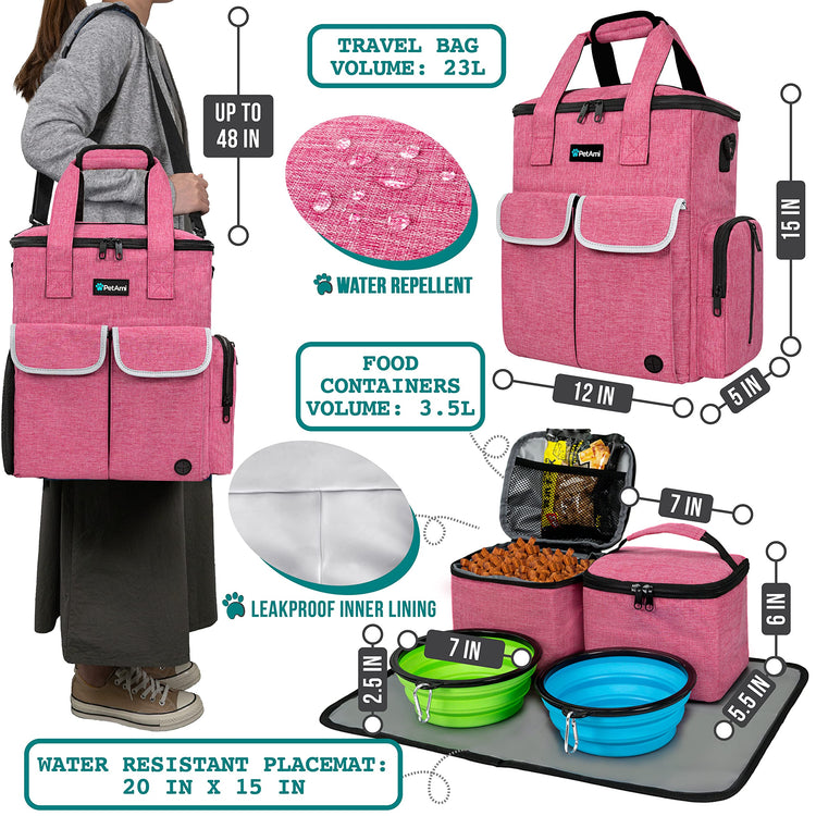 PetAmi Dog Travel Bag Pet Supplies Accessories Organizer for Traveling, Camping, Weekend; Cat Pet Travel Bag Kit Includes 2 Food Storage Containers, 2 Collapsible Bowls, 1 Feeding Mat (Purple)