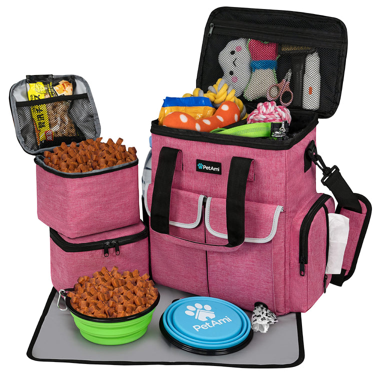 PetAmi Dog Travel Bag Pet Supplies Accessories Organizer for Traveling, Camping, Weekend; Cat Pet Travel Bag Kit Includes 2 Food Storage Containers, 2 Collapsible Bowls, 1 Feeding Mat (Purple)