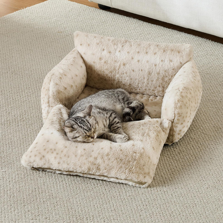 Hollypet Cat Bed Fluffy Plush Multifunctional Double-Layer Machine Washable Soft Warming Kitty Pet Couch Orthopedic Nest Beds for Small Cats Kitten and Dogs up to 13lbs, Khaki(25x20x13 inch)