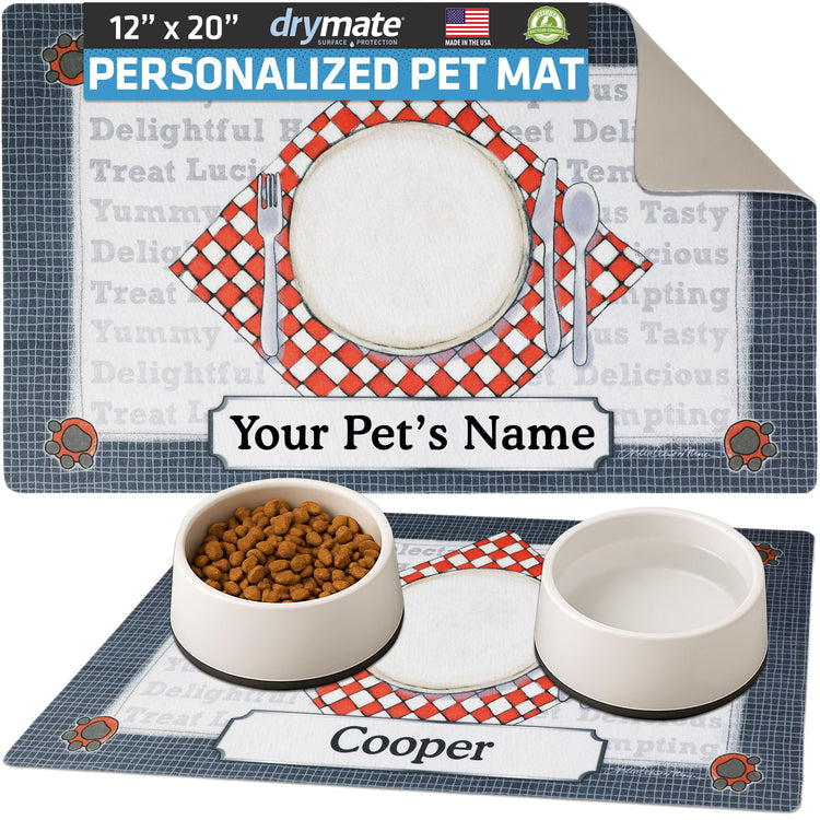 Drymate Personalized Pet Bowl Placemat, Custom Dog & Cat Food Feeding Mat - Absorbent Fabric, Waterproof Backing - Machine Washable/Durable (USA Made) (12" x 20") (Zebra Pink)